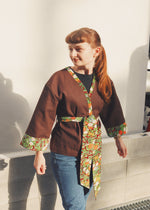 Load image into Gallery viewer, Red Flower Kimono Brown Jacket 

