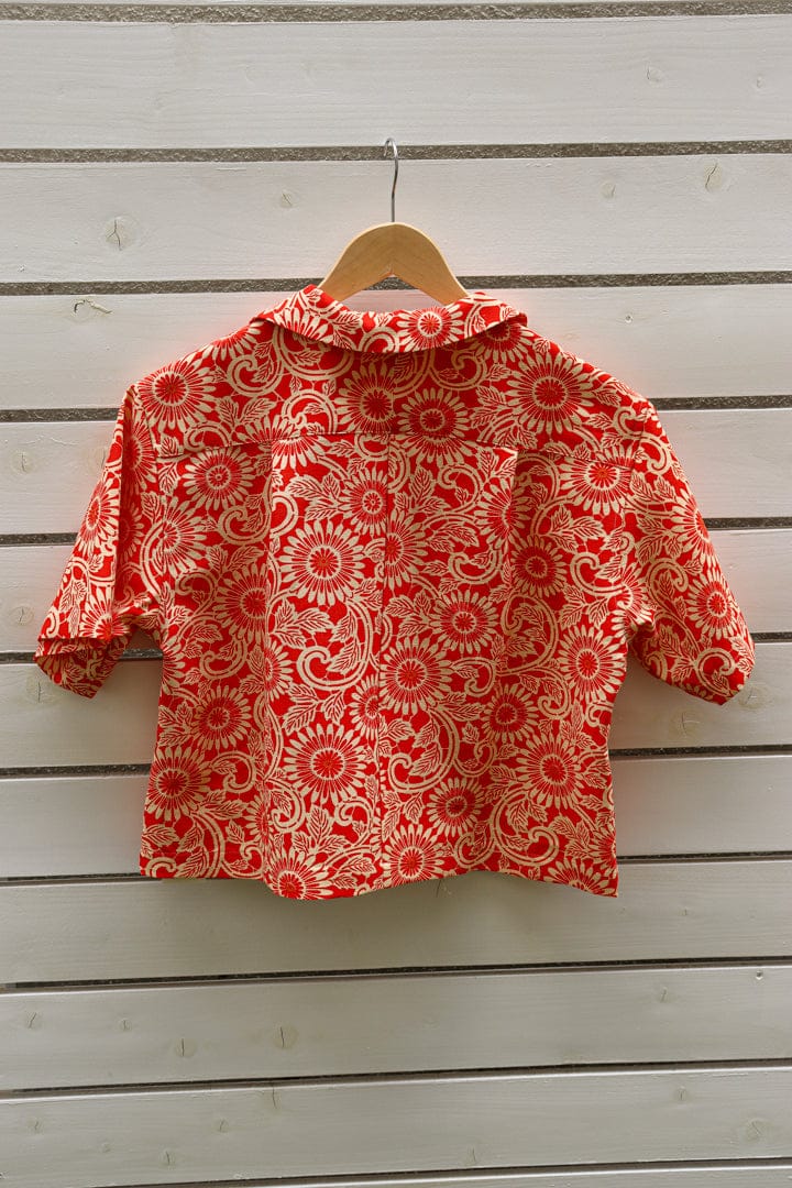 Red Flower-Crop Kimono Hawaiian Shirt