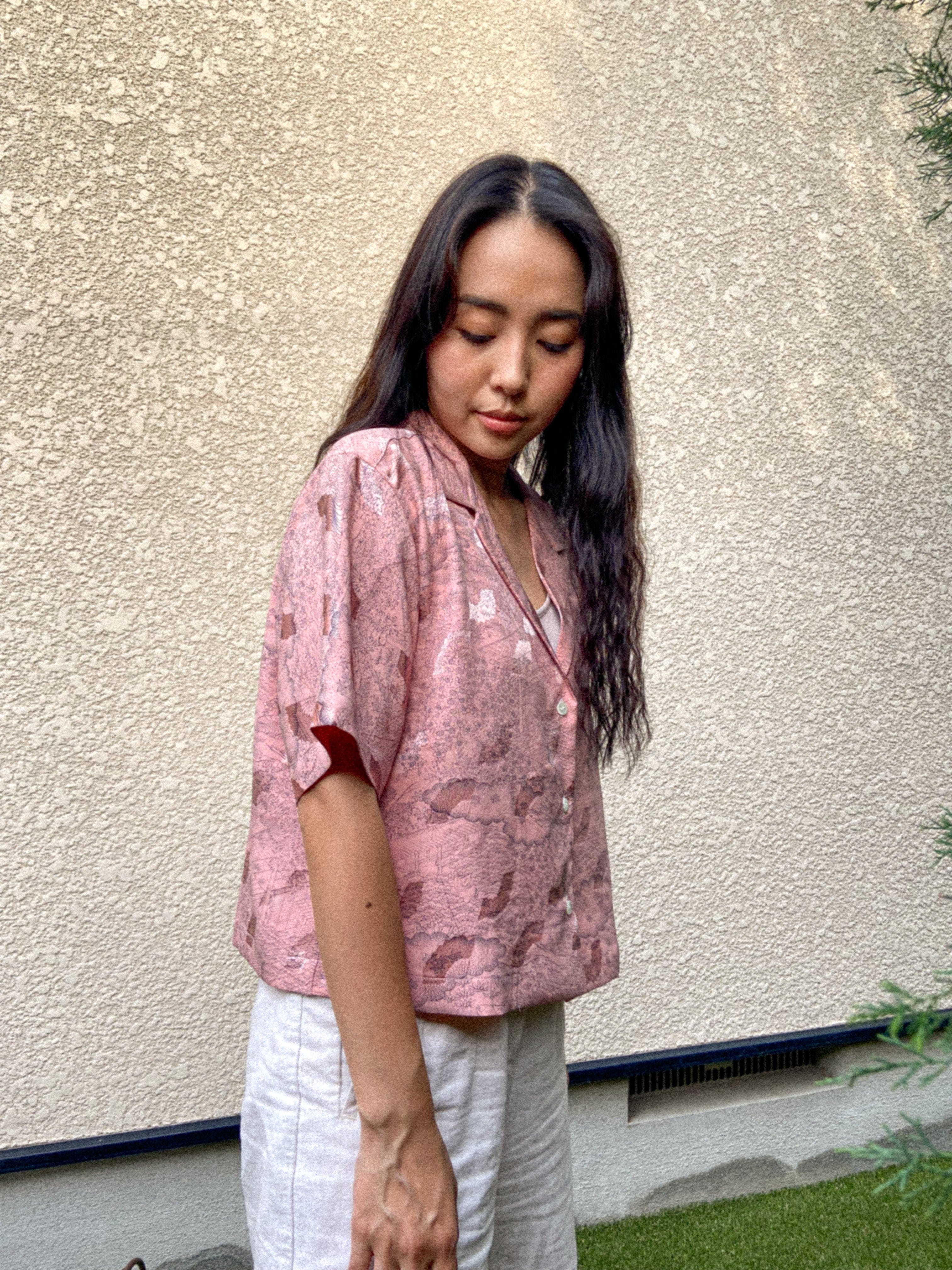 Baby Pink-Crop Kimono Hawaiian Shirt