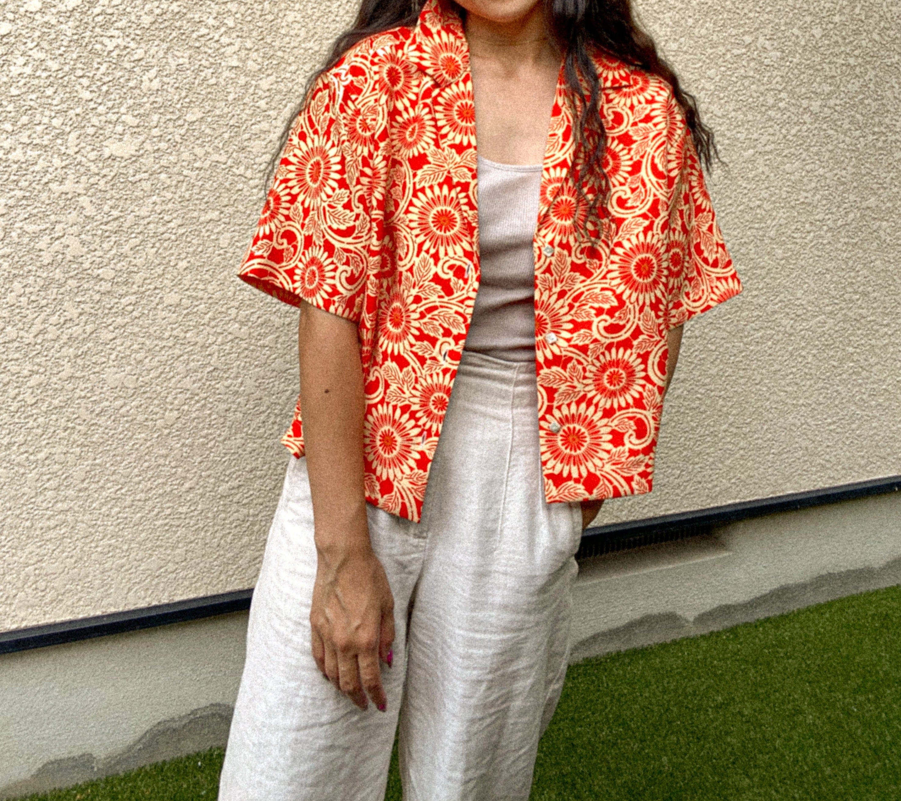 Red Flower-Crop Kimono Hawaiian Shirt